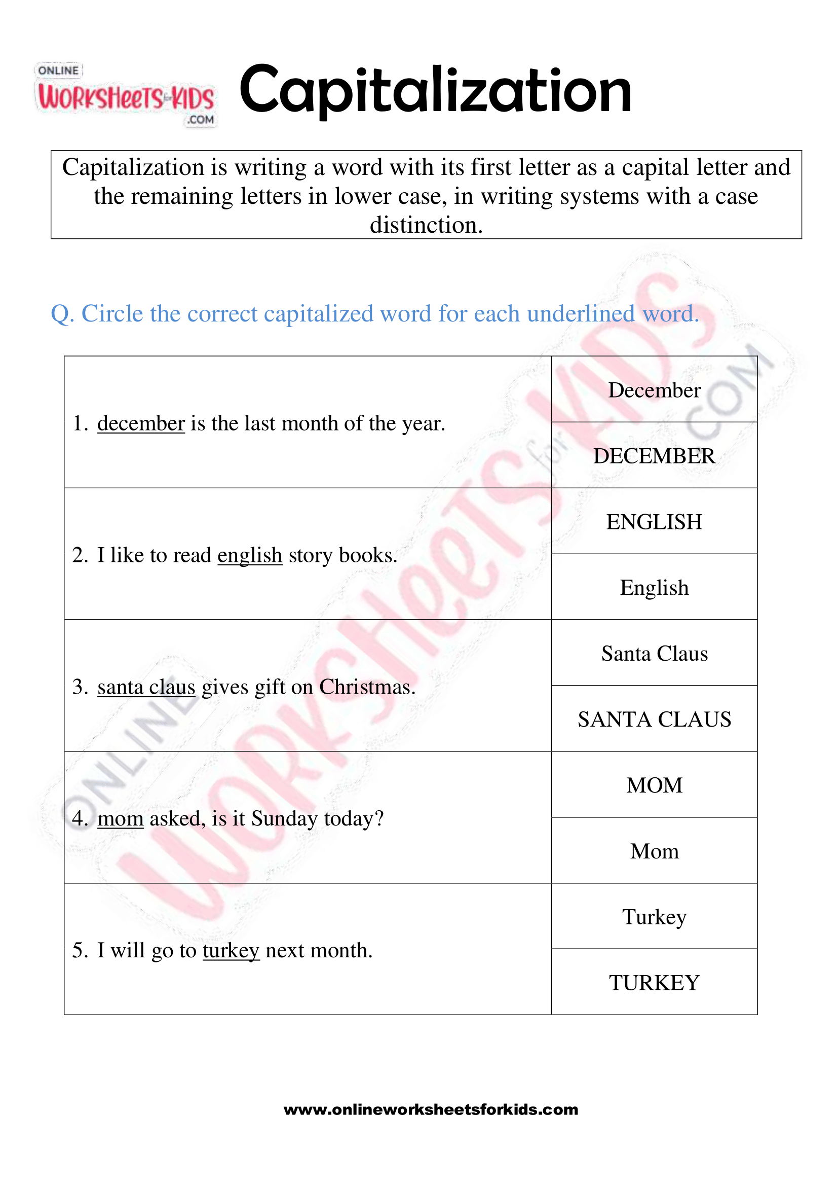 Capitalization Worksheet 10 for Kids