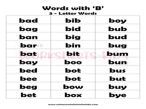 Words that begin with B Kindergarten Worksheets