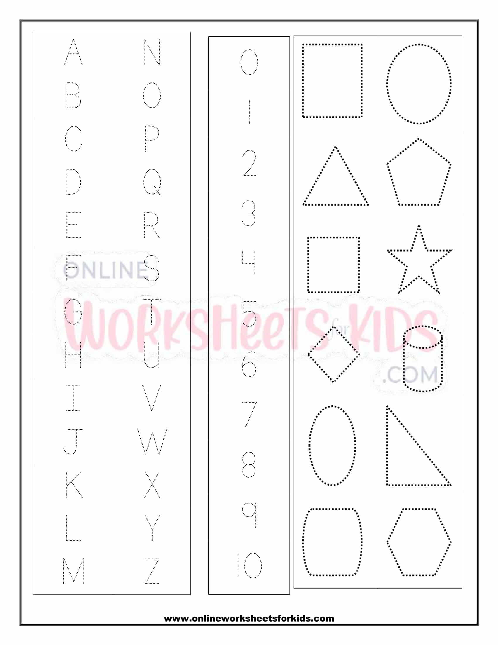 Letters Numbers And Shapes Tracing Worksheets 1
